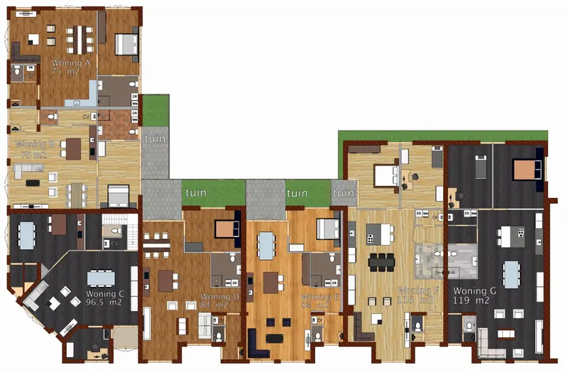 Plattegrond van de woningen A tot en met G in het voormalige verenigingsgebouw in Hoogwoud