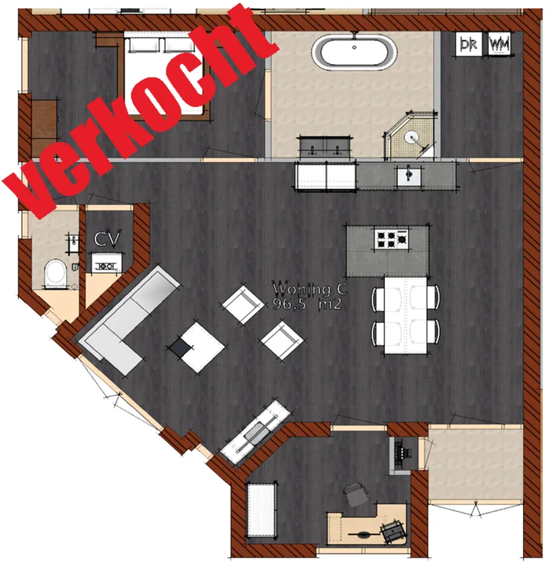 Plattegrond woning C met schuine gevel, voormalig verenigingsgebouw in Hoogwoud