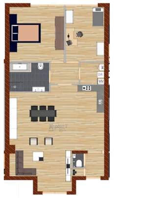 Plattegrond woning F met twee slaapkamers, voormalig verenigingsgebouw in Hoogwoud